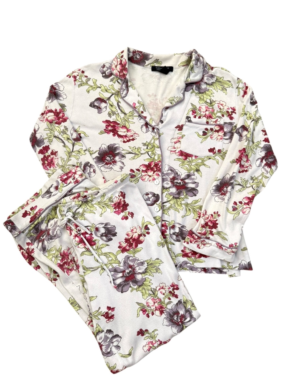 Crabtree & Evelyn Floral Pajama Set 100% Cotton Lavender Button Up Top Pants S